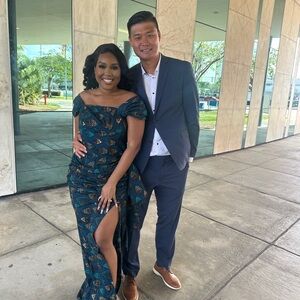 Elegant Teal and Gold Women’s Prom Dress